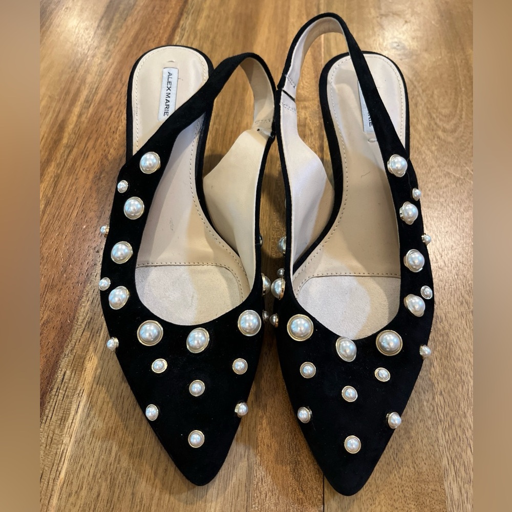 Alex Marie black suede slingback heels Pearl Embellished Regency Party Formal - Picture 2 of 10